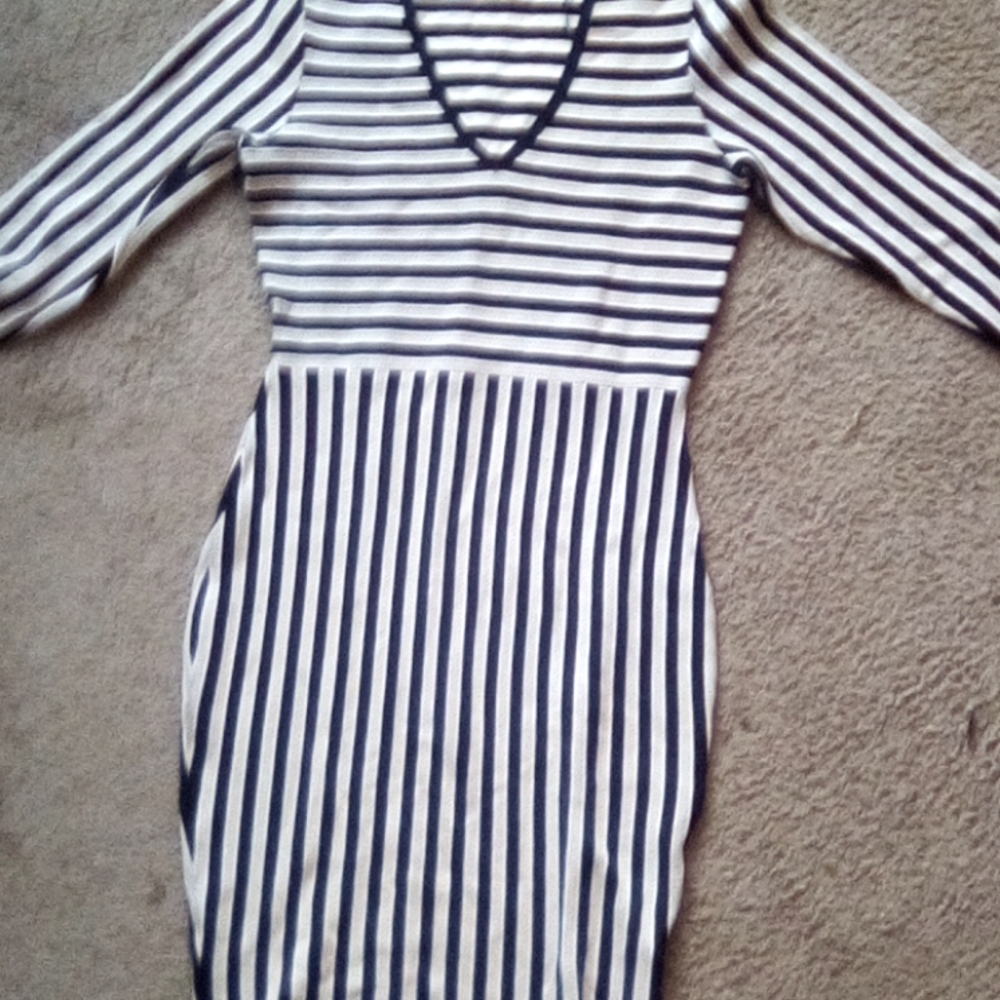 H & M Women Strips V Neck Formal Office Church Work party Boho Dance Dress - Picture 4 of 11